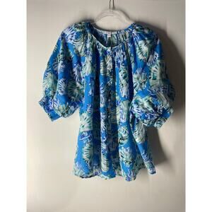 Chico's Shell Print Raime Blend Blouse Poolside Blue Smocked Puff Sleeve Size 16